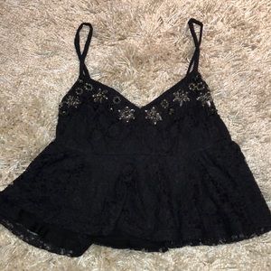 Topshop Embellished Black Lace Top